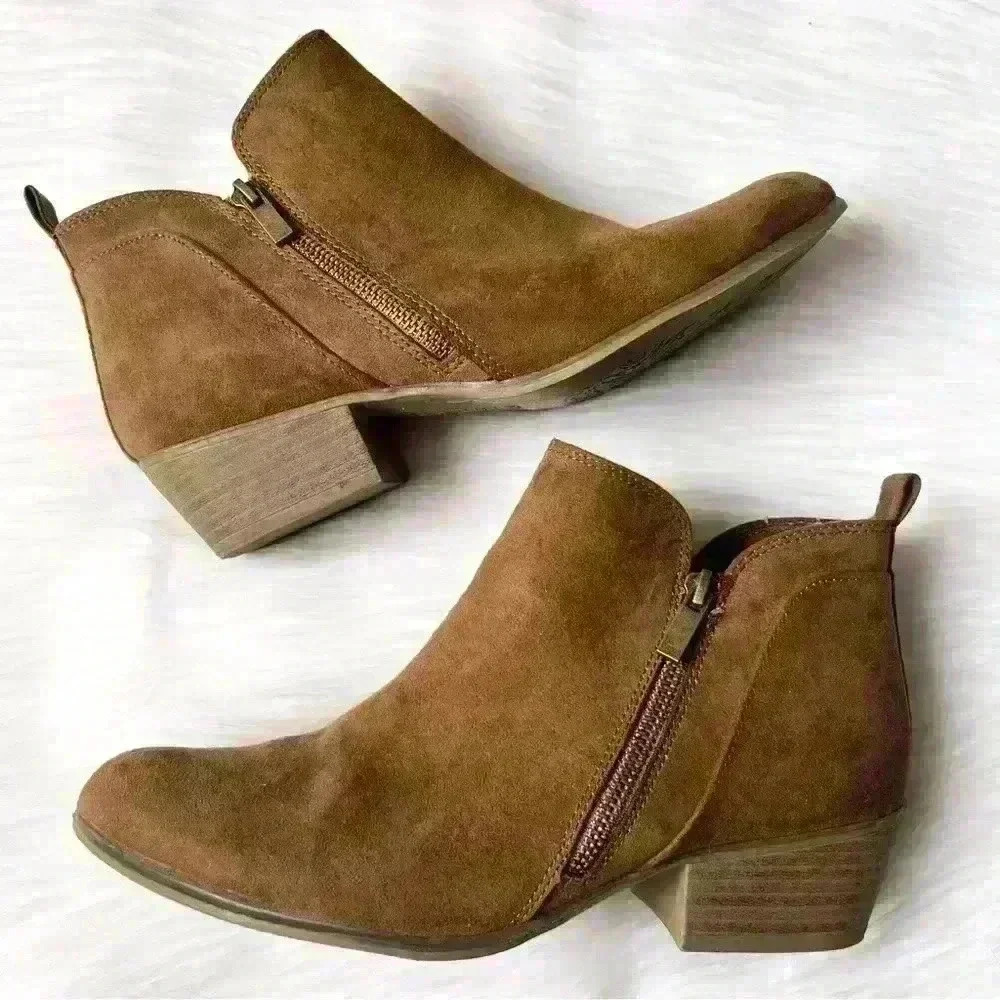 ESPRIT Sz 9 Womens Timber Tan Brown Almond Toe Booties Low Heel Faux Suede